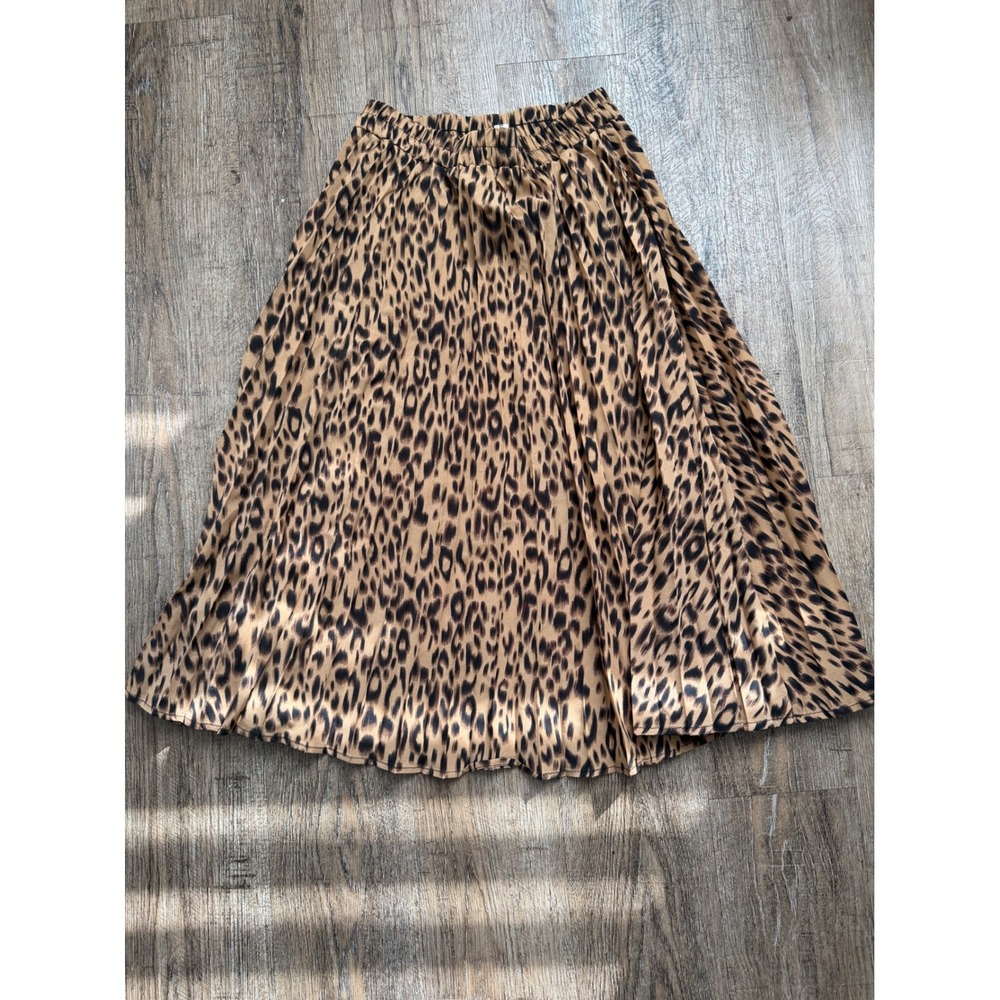 Chartou Leopard Print Pleated Midi Skirt Elastic Waist Animal Pattern‎ Brown